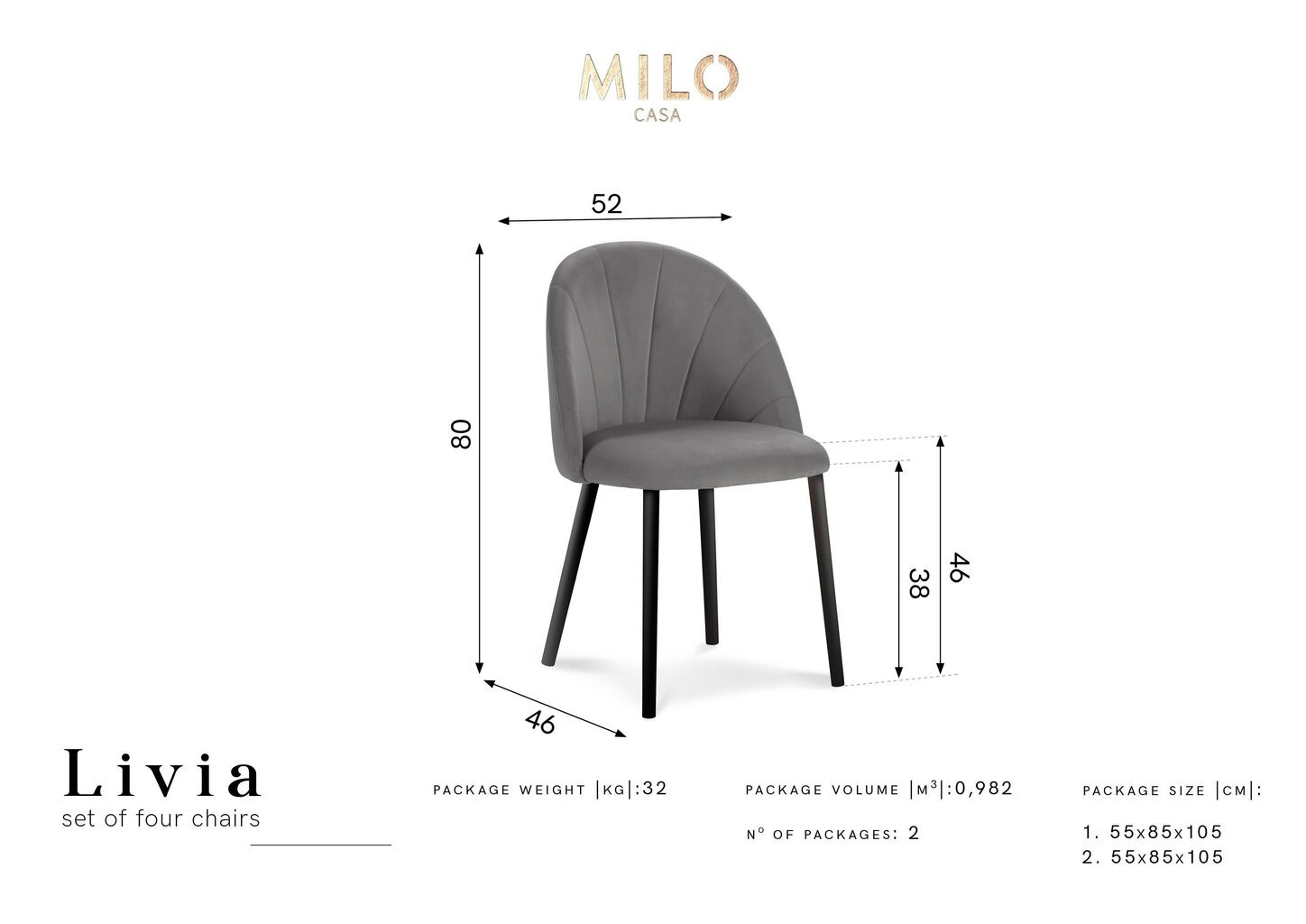 4-tooli komplekt Milo Casa Livia, tumehall hind ja info | Köögitoolid, söögitoolid | hansapost.ee