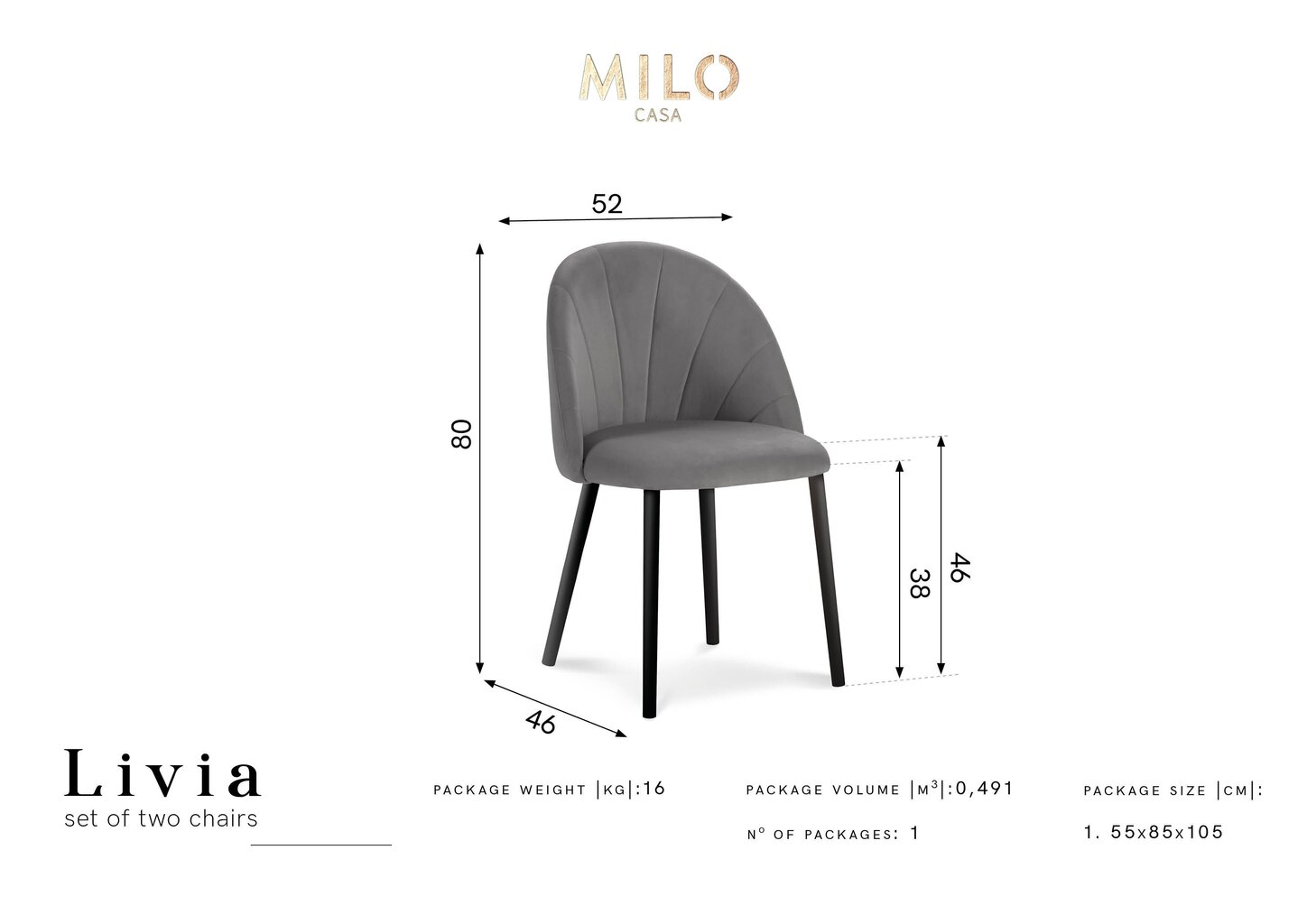 2 tooli komplekt Milo Casa Livia, hall hind ja info | Köögitoolid, söögitoolid | hansapost.ee