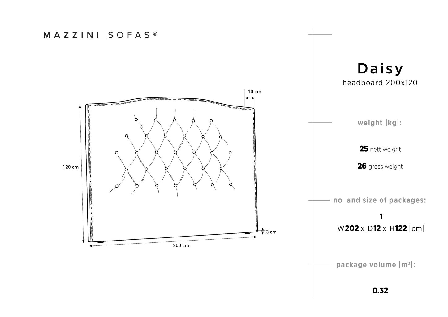 Voodipeats Mazzini Sofas Daisy 200 cm, must hind ja info | Voodid | hansapost.ee