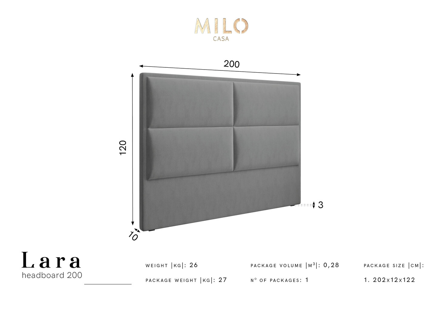 Voodipeats Milo Casa Lara 200 cm, tumehall hind ja info | Voodid | hansapost.ee