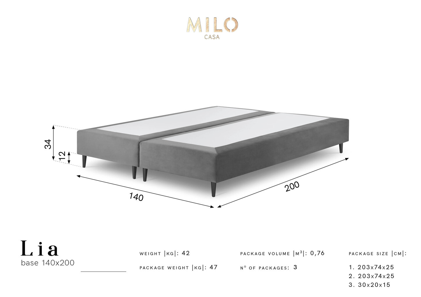 Kušett Milo Casa Lia 140x200, tumeroheline/must hind ja info | Voodid | hansapost.ee