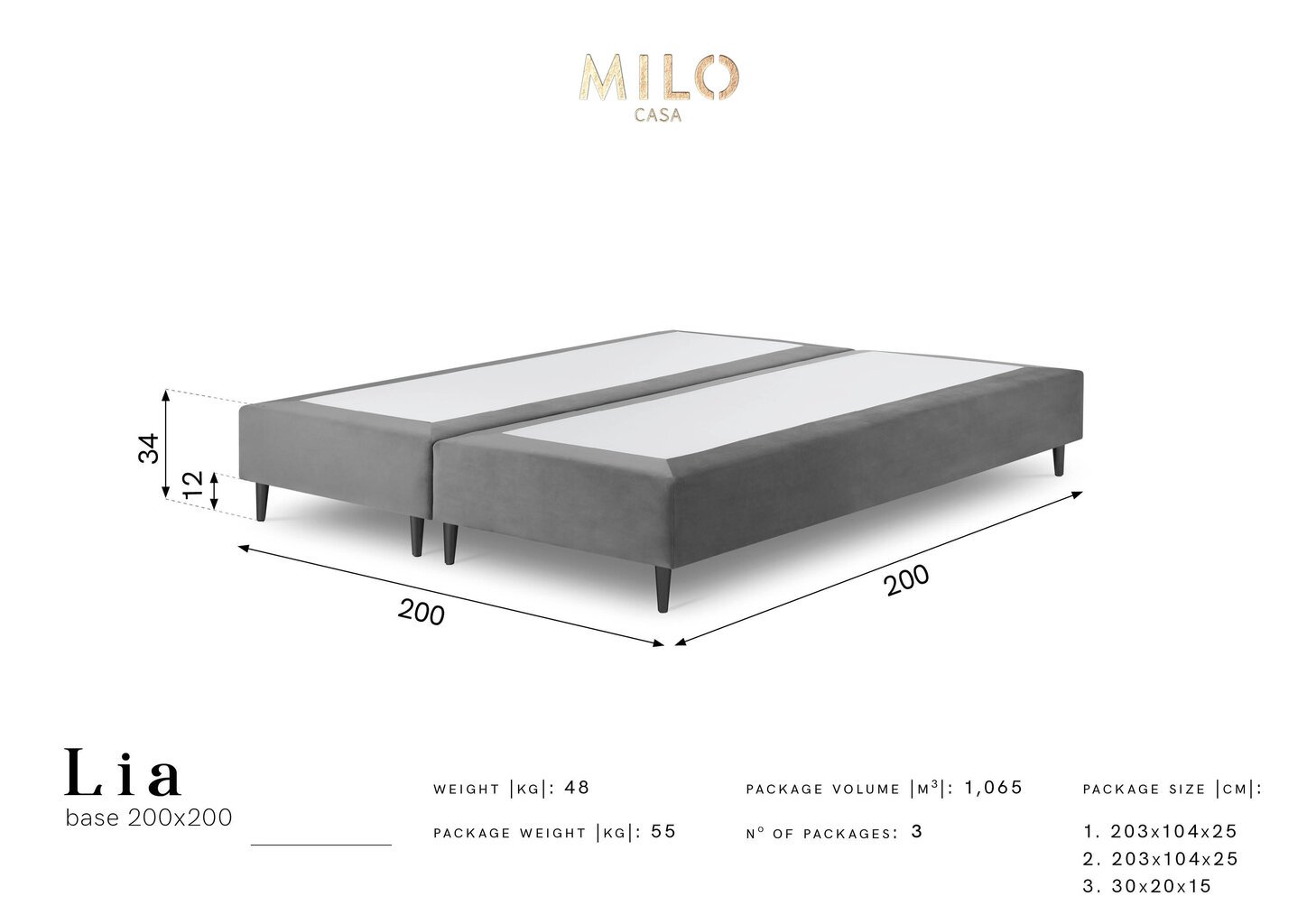 Kušett Milo Casa Lia 200x200, helehall/must hind ja info | Voodid | hansapost.ee