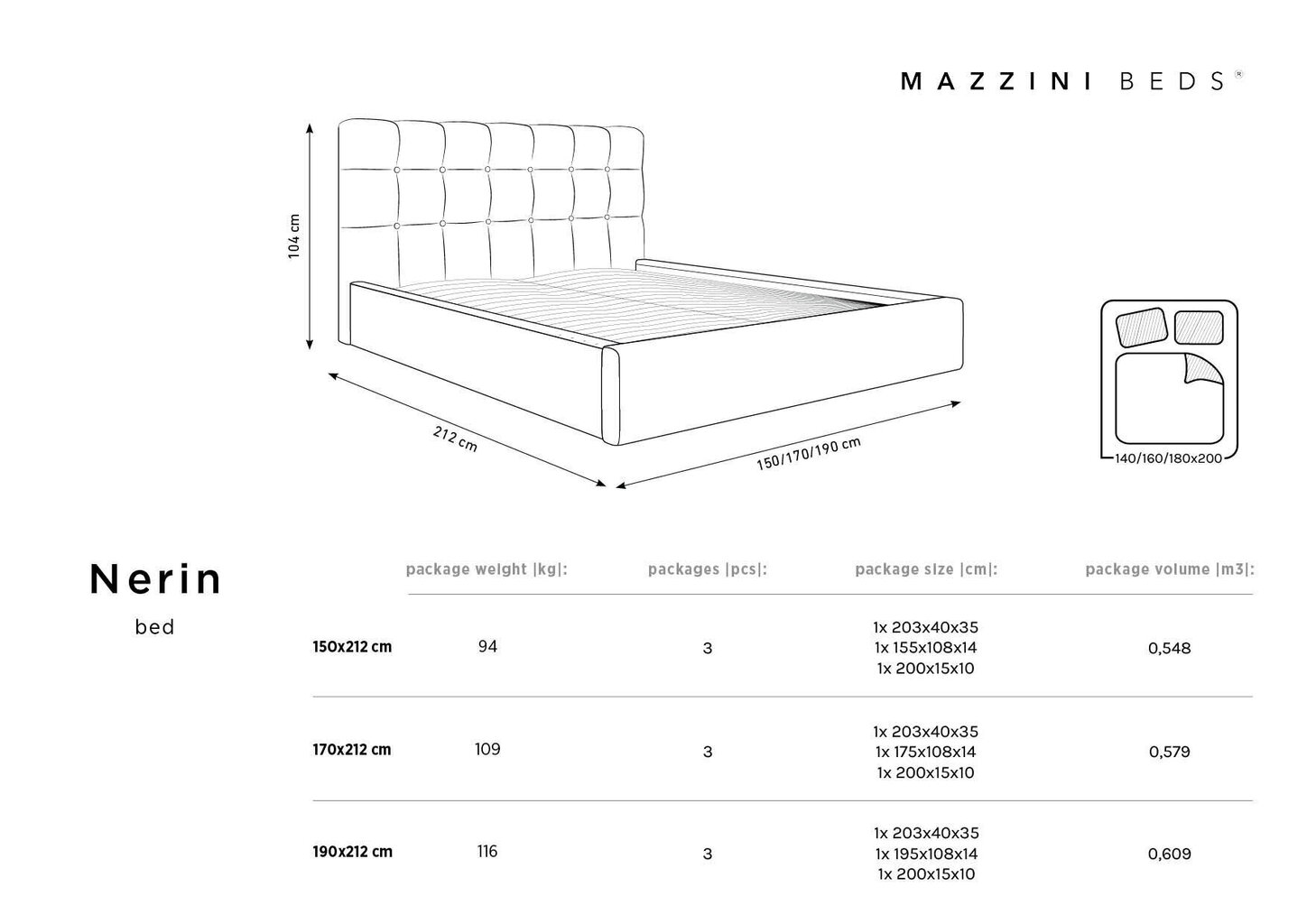 Voodi Mazzini Beds Nerin 6, 160x200cm, must hind ja info | Voodid | hansapost.ee