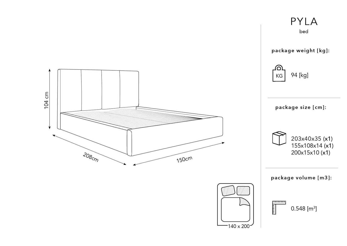 Voodi Micadoni Home Pyla 45, 140x200cm, helesinine hind ja info | Voodid | hansapost.ee