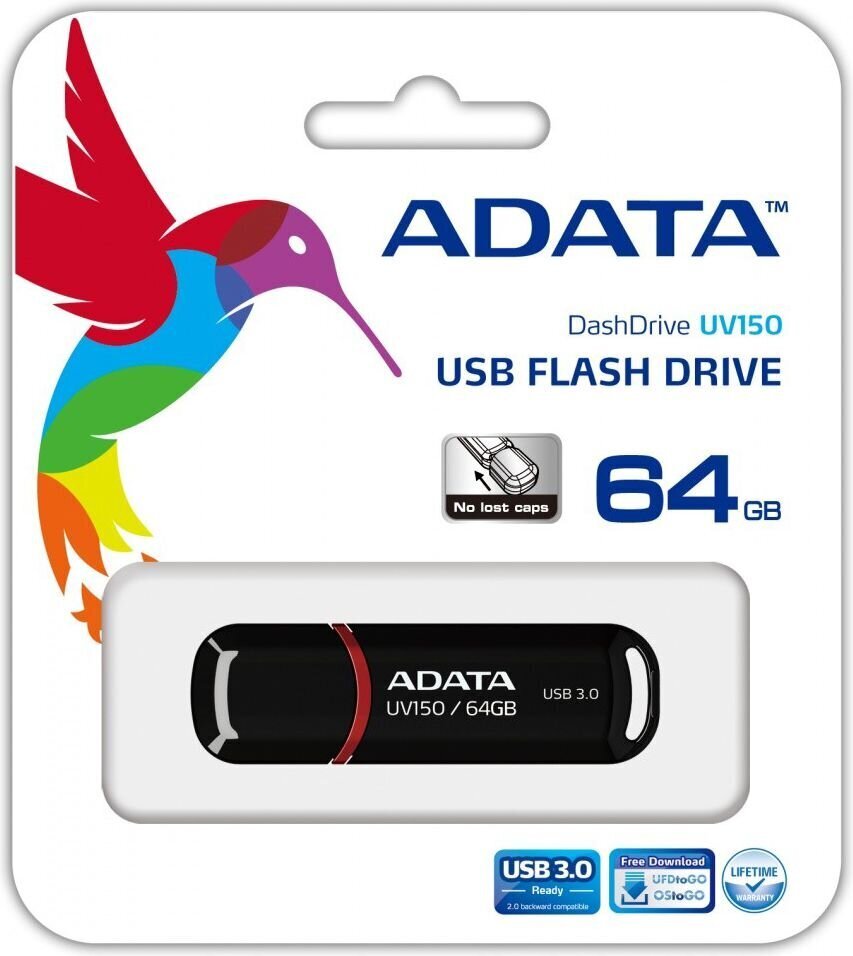 Flashdrive Adata DashDrive UV150 64 GB USB3 90/20MBs, Black цена и информация | Mälupulgad | hansapost.ee