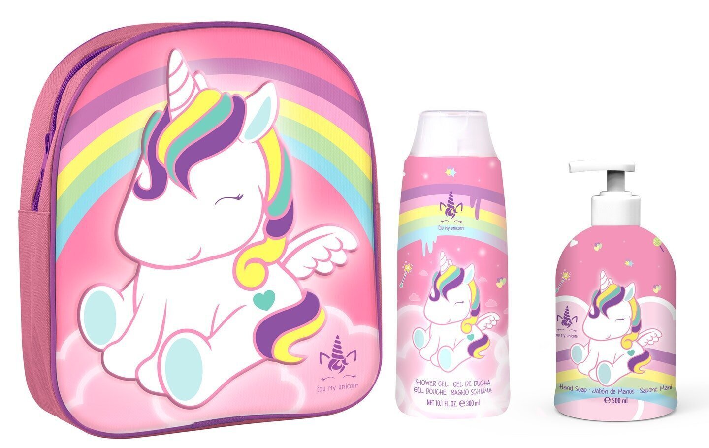 Komplekt Eau My Unicorn tüdrukutele: seljakott + käteseep, 500 ml + dušigeel, 300 ml hind ja info | Laste ja ema kosmeetika | hansapost.ee