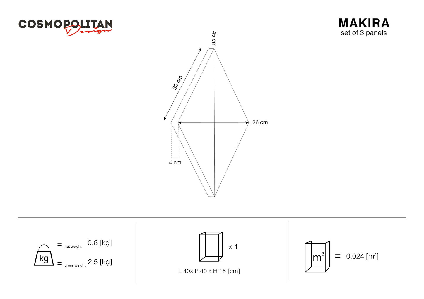 Pehmed seinapaneelid, 3 tk, Cosmopolitan Design Makira R2, punane hind ja info | Pehmed seinapaneelid | hansapost.ee