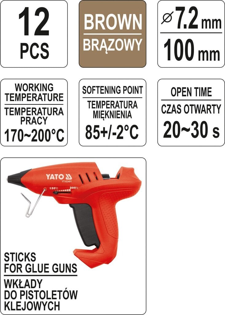 Kuumaliimipulgad pruun 7.2x100mm 12 tk. Yato (YT-82447) цена и информация | Käsitööriistad | hansapost.ee