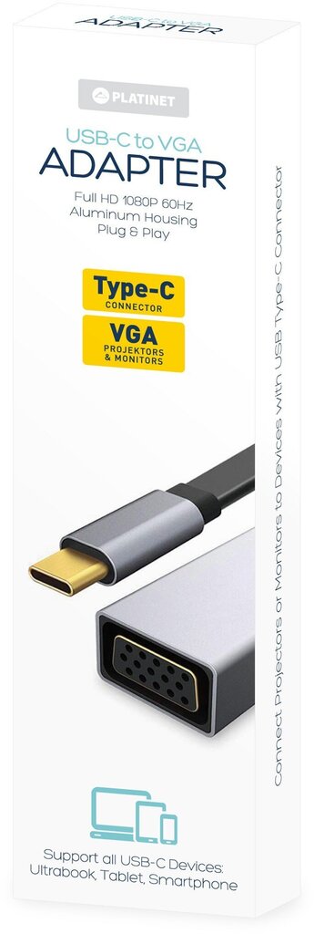 Platinet Multimeedia Adapter Type-C to VGA, Must hind ja info | USB adapterid ja jagajad | hansapost.ee