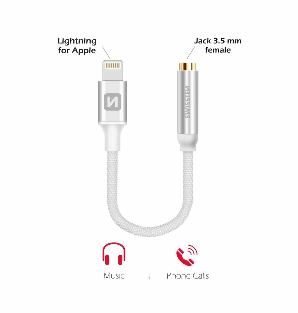 Swissten Lightning to Jack 3.5mm Audio Adapter for iPhone and iPad 15 cm Silver цена и информация | USB adapterid ja jagajad | hansapost.ee