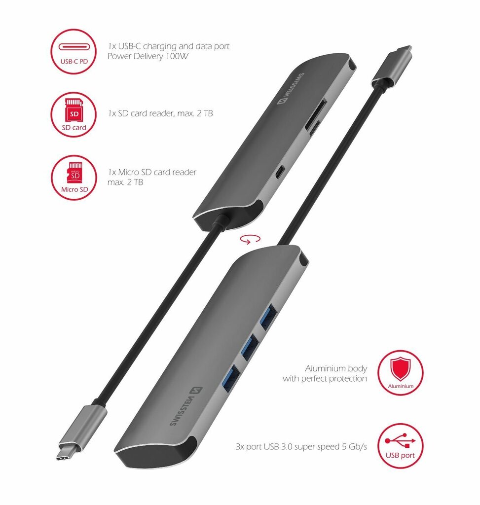 Swissten USB-C Hub 6in1 with 3X USB 3.0 / 1X USB-C Power Delivery / 1X microSD / 1X SD / Aluminum body hind ja info | USB adapterid ja jagajad | hansapost.ee