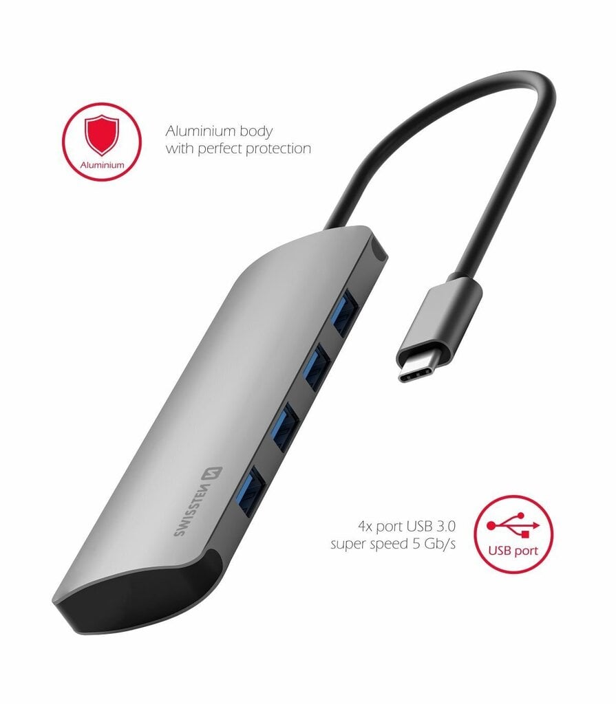 Swissten USB-C Hub 4in1 with 4 USB 3.0 ports / Aluminum body цена и информация | USB adapterid ja jagajad | hansapost.ee