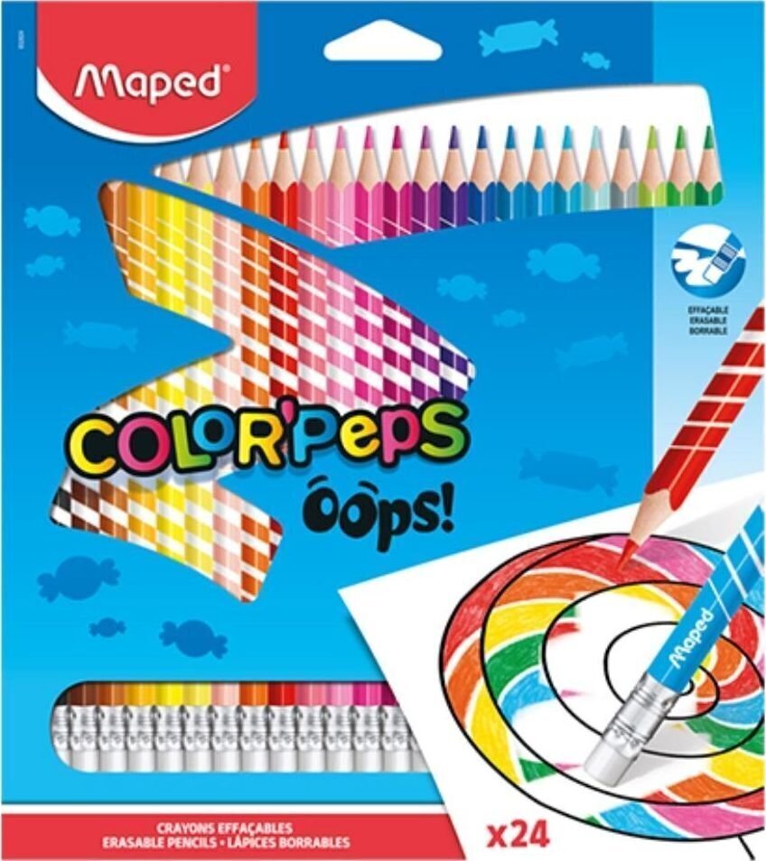 Kustutatavad värvilised pliiatsid Maped Color'Peps OOPS, 368970, 24 värvi hind ja info | Kunstitarbed, voolimise tarvikud | hansapost.ee