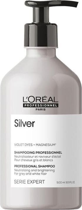 Kollast tooni neutraliseeriv šampoon hallidele ja heledatele juustele L'Oreal Professionnel Serie Expert Silver 500 ml price and information | Šampoonid | hansapost.ee