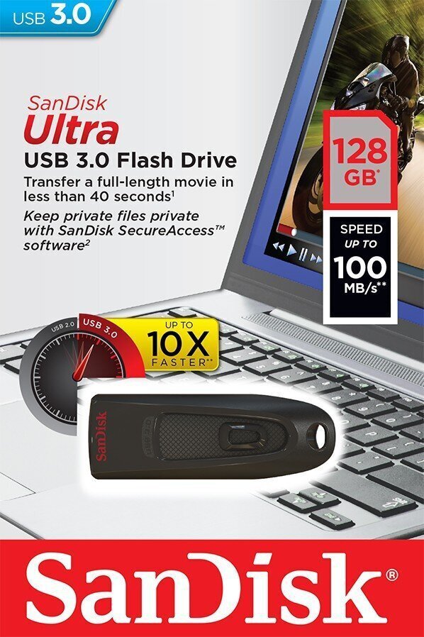 Mälupulk SanDisk Ultra 128GB USB 3.0, must (SDCZ48-128G-U46) цена и информация | Mälupulgad | hansapost.ee