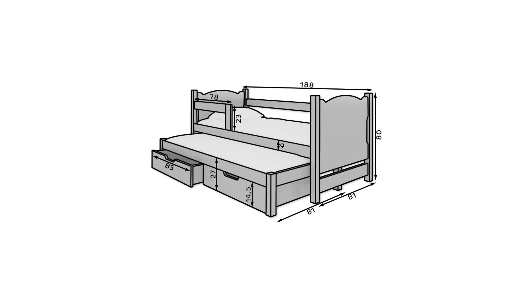 Lastevoodi Campos, 180 x 75/172 x 75 cm, hall/valge hind ja info | Lastevoodid | hansapost.ee