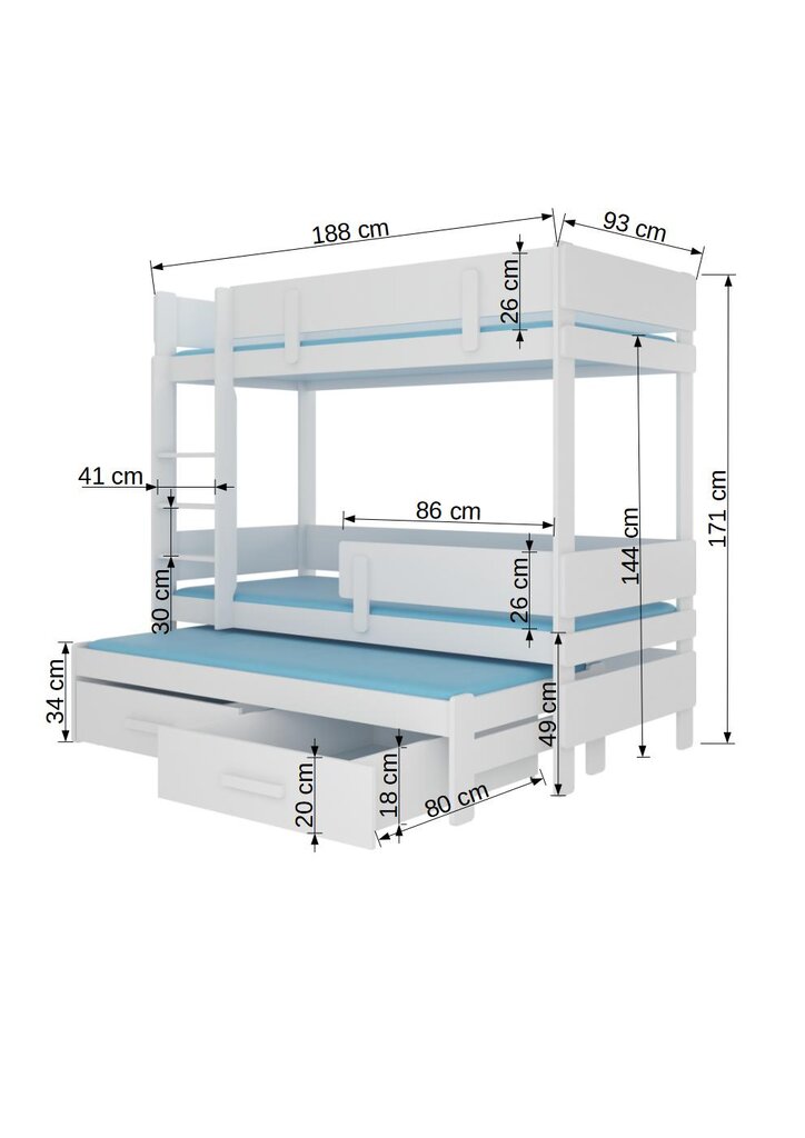 Narivoodi ADRK Furniture Etapo 80x180cm, valge цена и информация | Lastevoodid | hansapost.ee