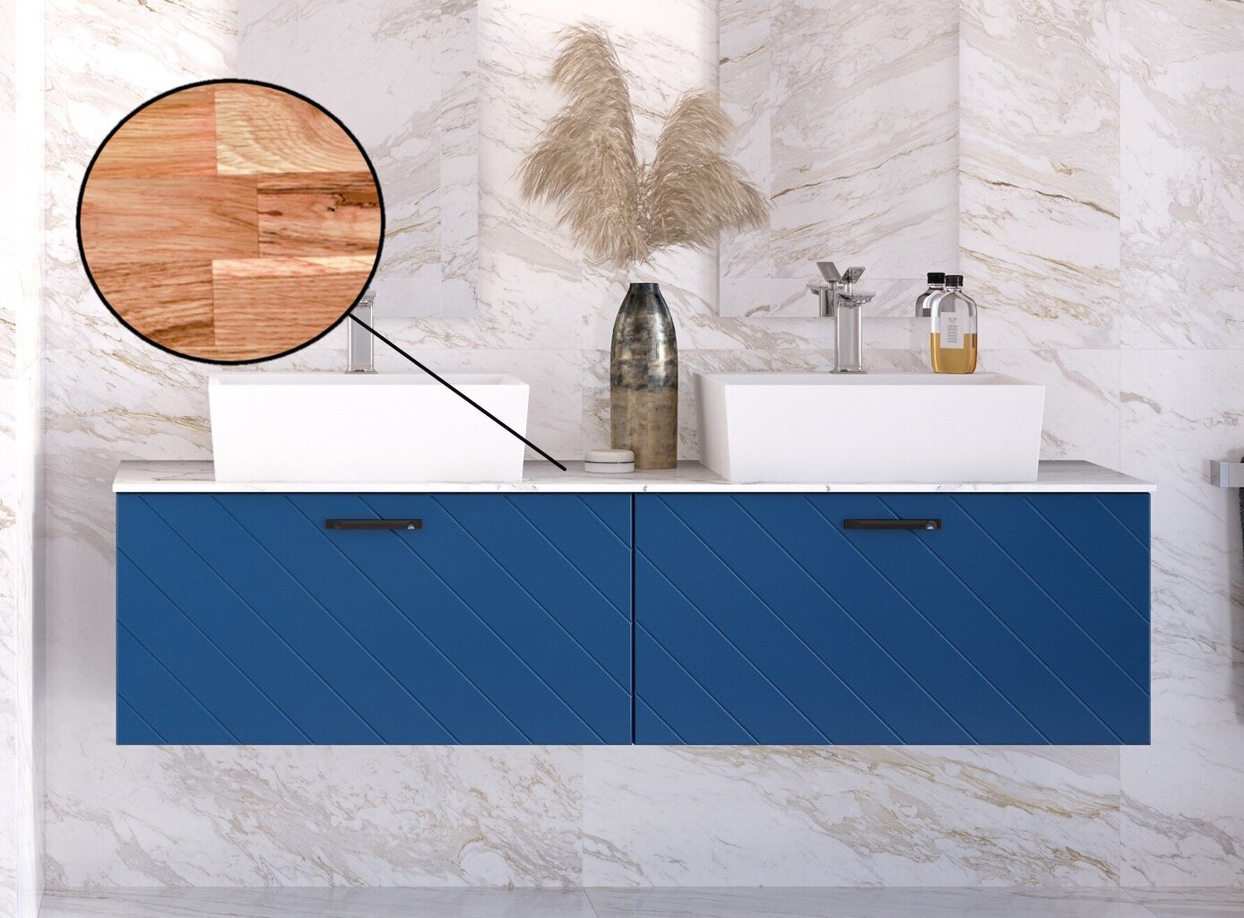 Kahekohaline vannitoakapp Besco Floo 160 koos Oak tööpinnaga, sinine/must цена и информация | Vannitoakapid | hansapost.ee