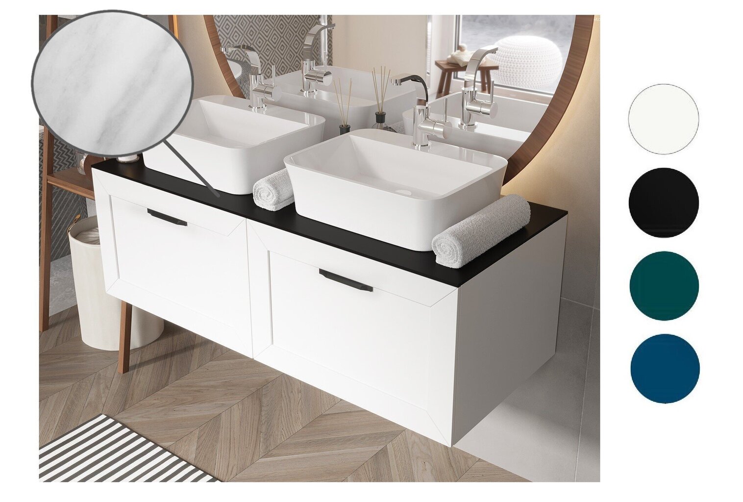 Kahekohaline vannitoakapp Besco Dexa 120 Slim marble tööpinna ja mustade käepidemetega hind ja info | Vannitoakapid | hansapost.ee