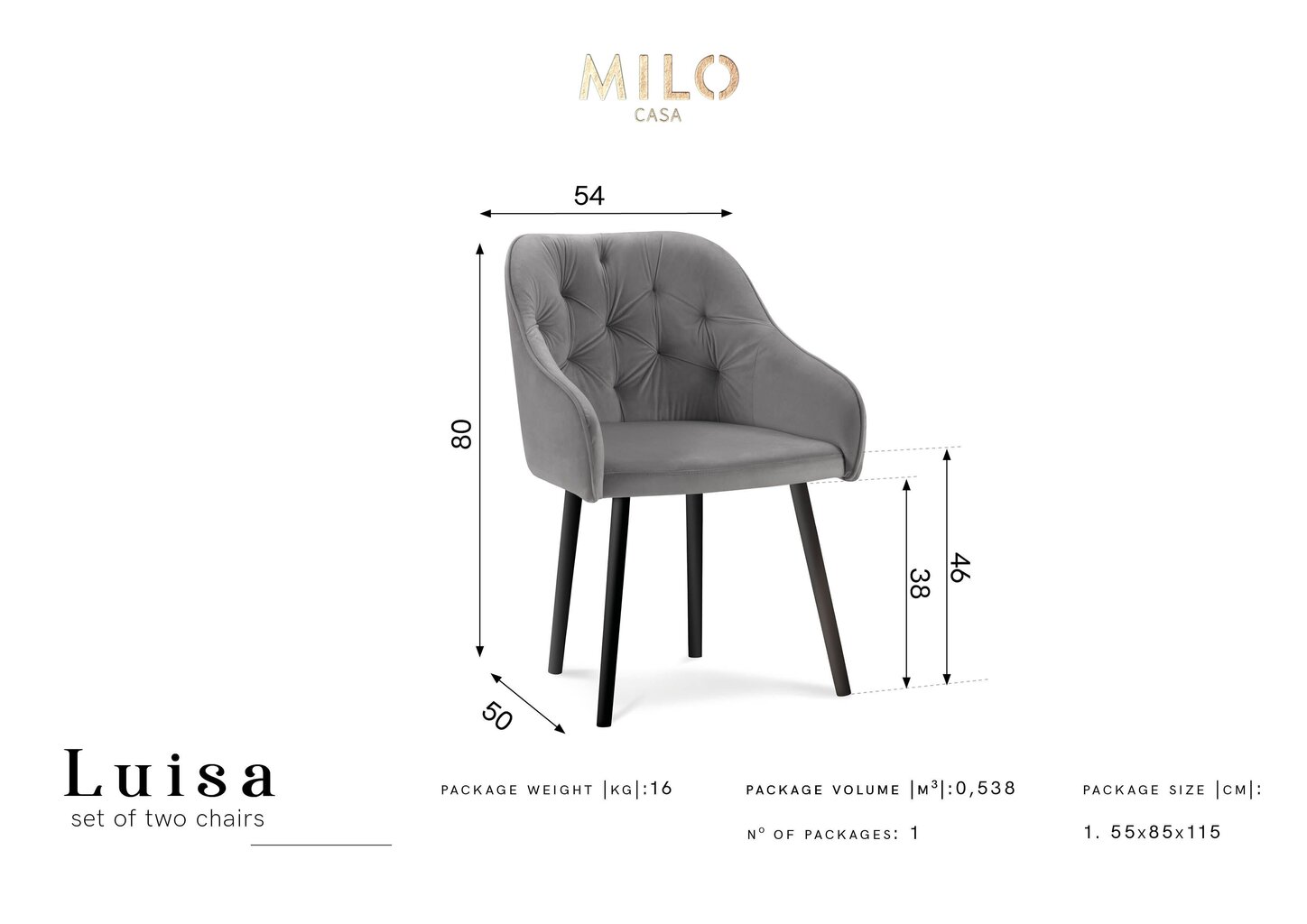 2 tooli komplekt Milo Casa Luisa, tumehall hind ja info | Köögitoolid, söögitoolid | hansapost.ee