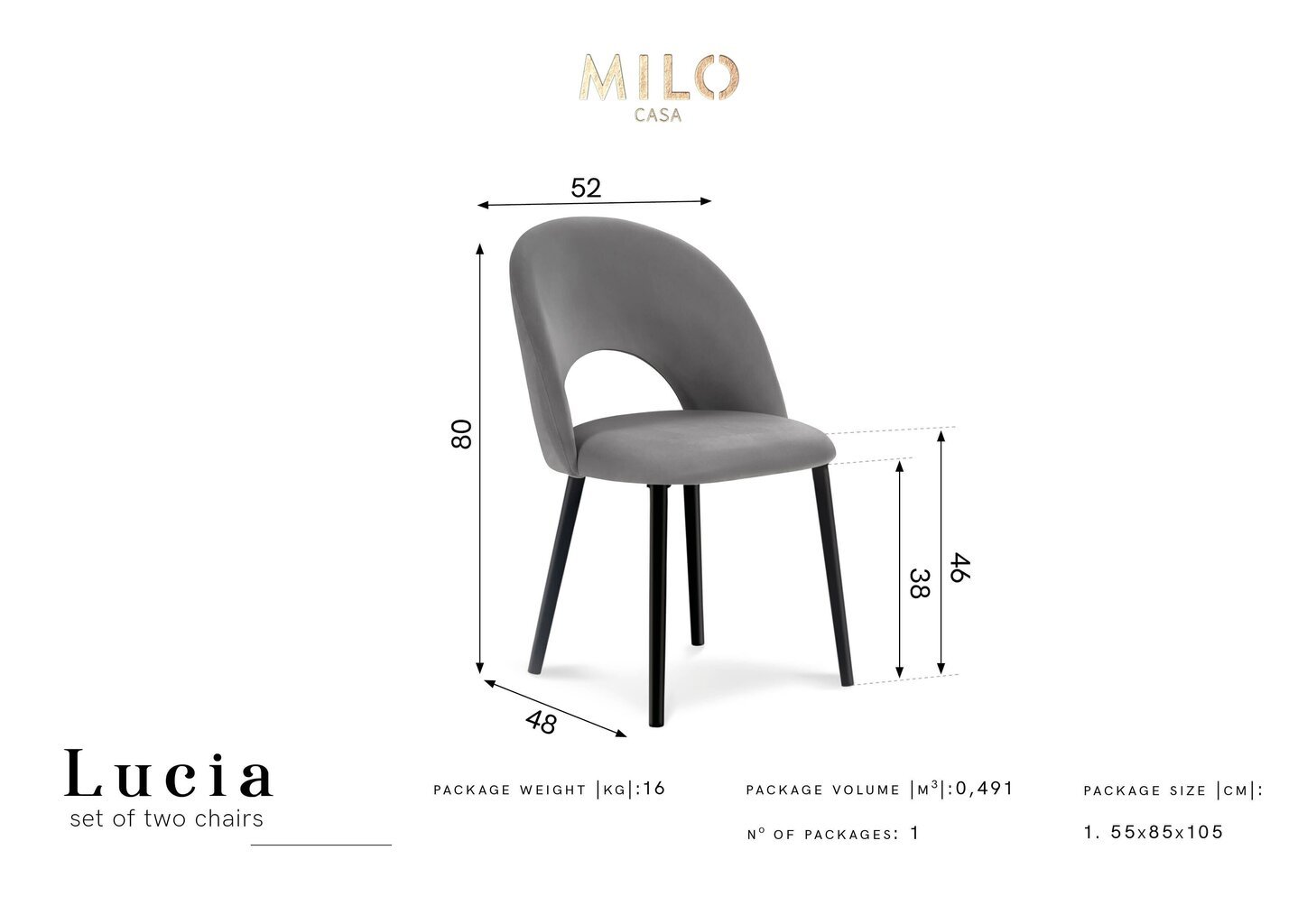 2-tooli komplekt Milo Casa Lucia, tumehall hind ja info | Köögitoolid, söögitoolid | hansapost.ee