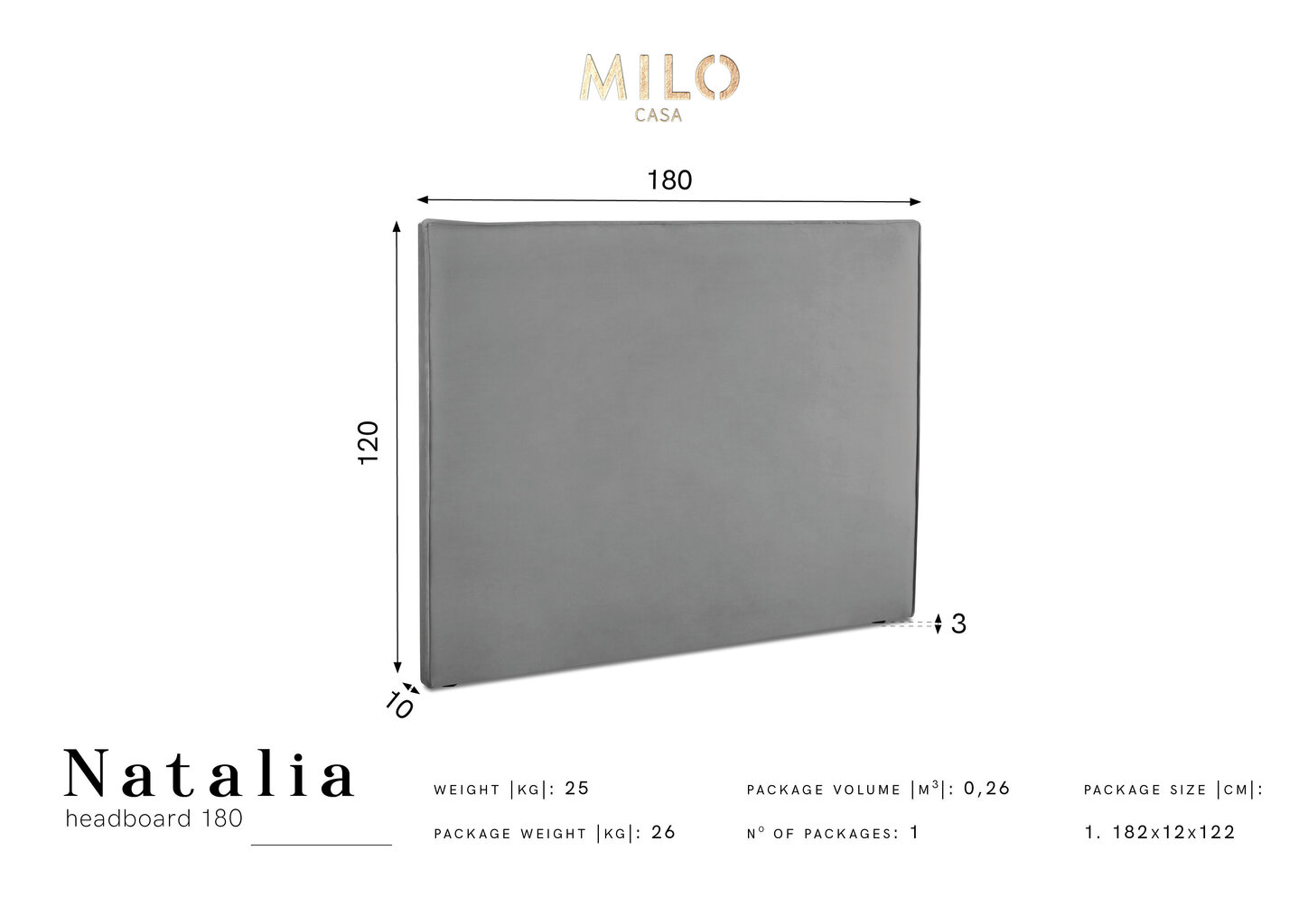 Voodipeats Milo Casa Natalia 180 cm, hall hind ja info | Voodid | hansapost.ee