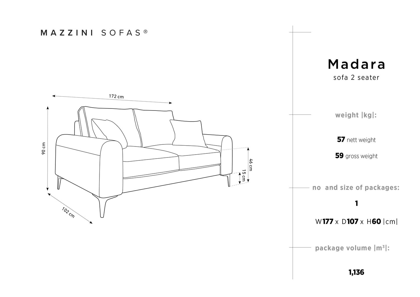 Kahekohalinde diivan Mazzini Sofas Madara, helebeež värv hind ja info | Diivanvoodid ja diivanid | hansapost.ee