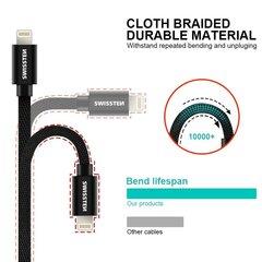 USB kaabel Swissten Textile 3A Lightning, 2.0 m, must цена и информация | Кабели и провода | hansapost.ee