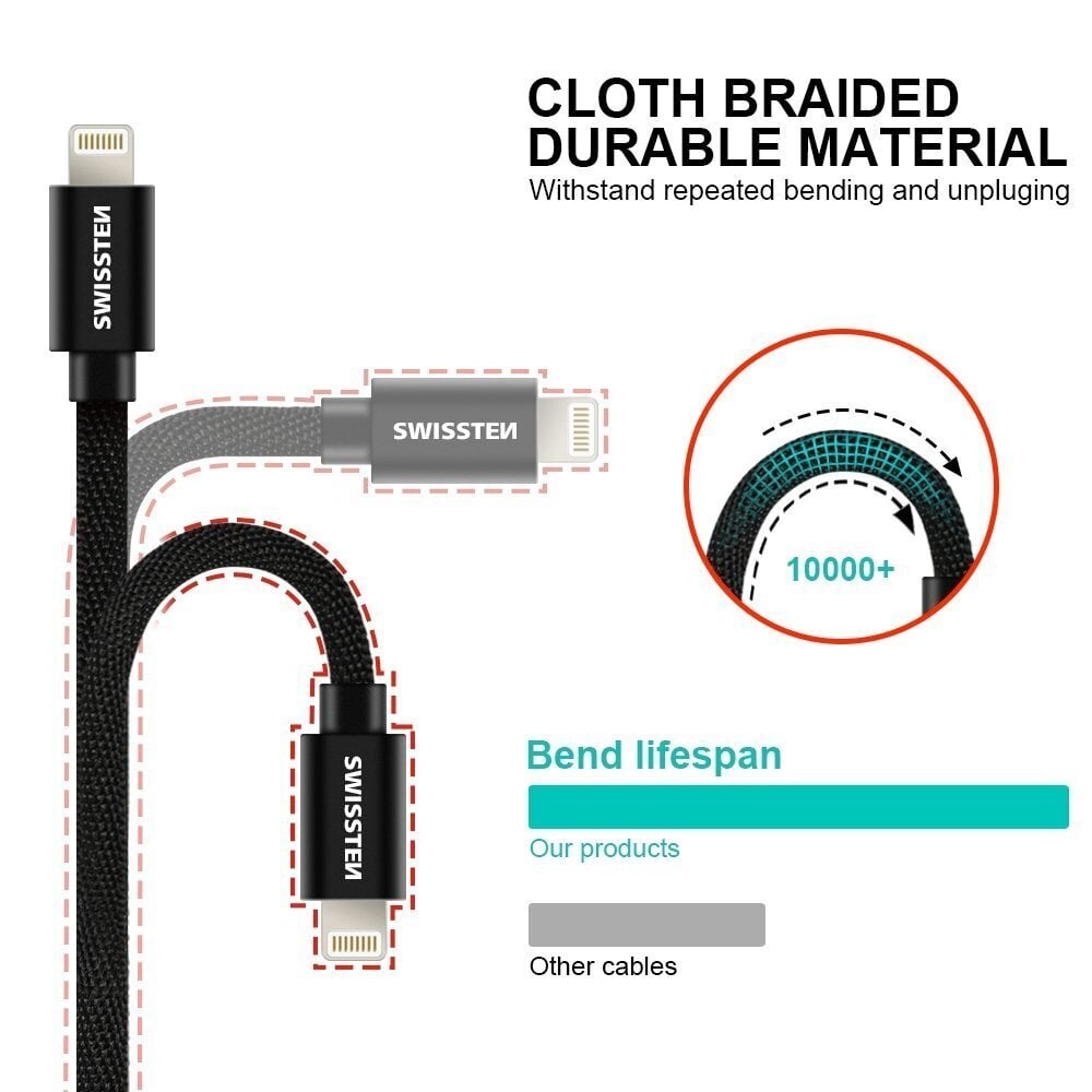 Swissten Textile Fast Charge 3A Lightning (MD818ZM/A) Data and Charging Cable 1.2m Silver цена и информация | Mobiiltelefonide kaablid | hansapost.ee