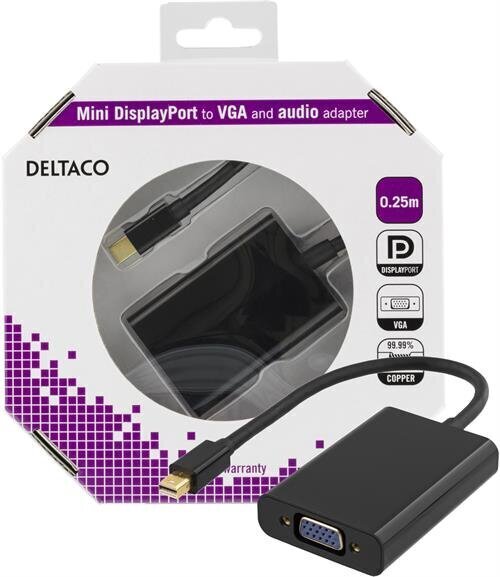 Deltaco DP-VGA13-K, Mini DP/VGA, 0.25 m hind ja info | USB adapterid ja jagajad | hansapost.ee