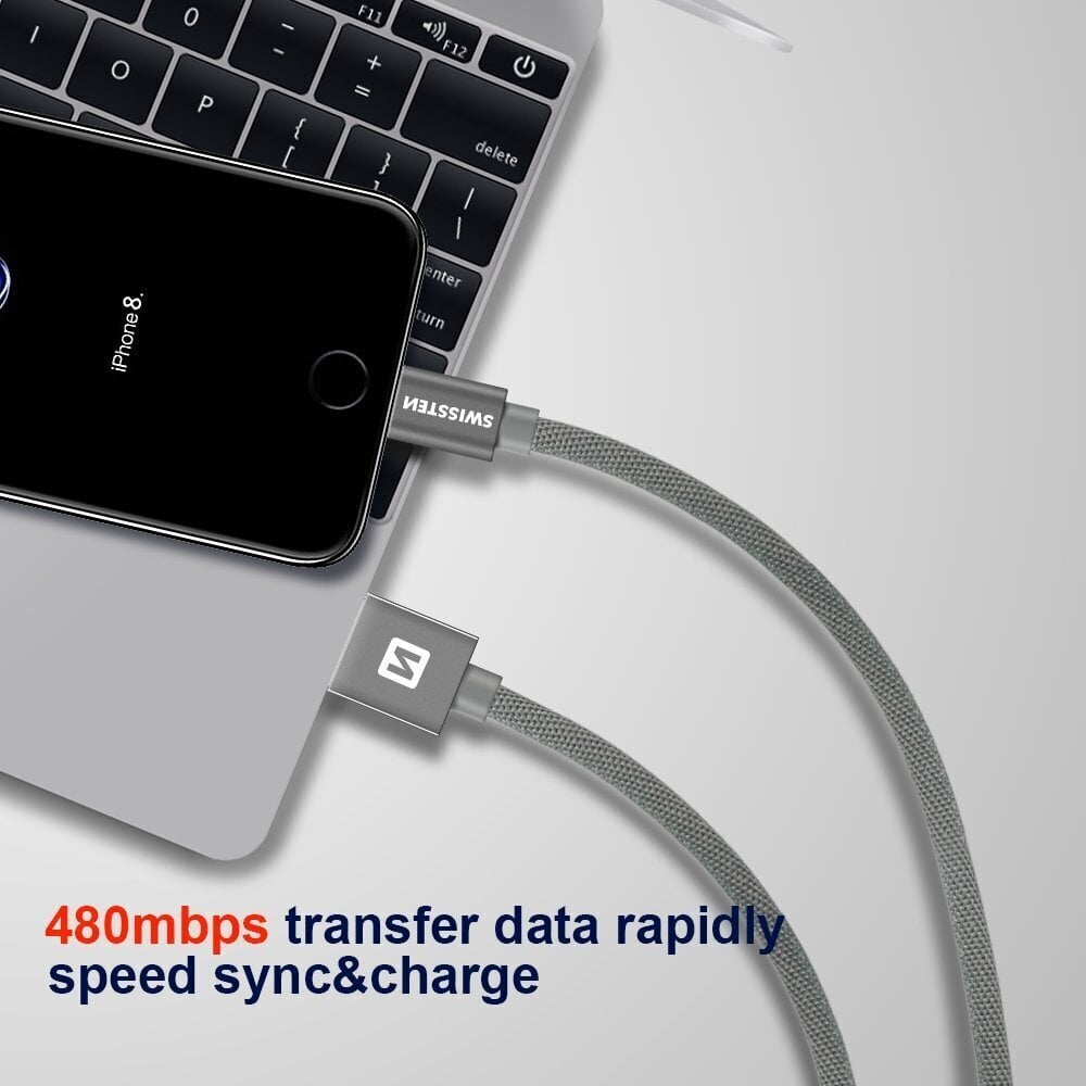 Swissten Textile Fast Charge 3A Lightning (MD818ZM/A) Data and Charging Cable 20 cm Silver hind ja info | Juhtmed ja kaablid | hansapost.ee