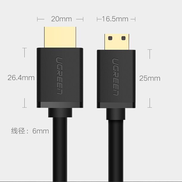 Kaabel Ugreen HDMI (male) - mini HDMI (male) 3D Ethernet ARC 1 m, must (HD108 10195) hind ja info | Juhtmed ja kaablid | hansapost.ee