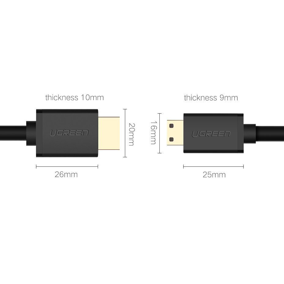 Kaabel Ugreen HDMI (male) - mini HDMI (male) 3D Ethernet ARC 1 m, must (HD108 10195) hind ja info | Juhtmed ja kaablid | hansapost.ee