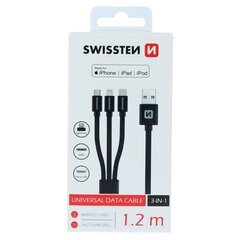 Кабель Swissten Textile Universal 3in1 USB-C / Lightning Data MFI / MircoUSB, 1,2 м, черный цена и информация | Кабели и провода | hansapost.ee