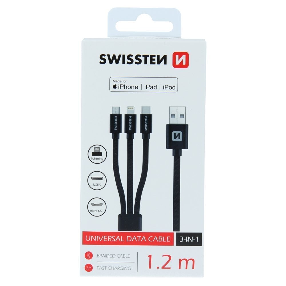 Swissten Textile Universal 3in1 USB-C / Lightning Data MFI / MircoUSB Cable 1.2m Black цена и информация | Juhtmed ja kaablid | hansapost.ee