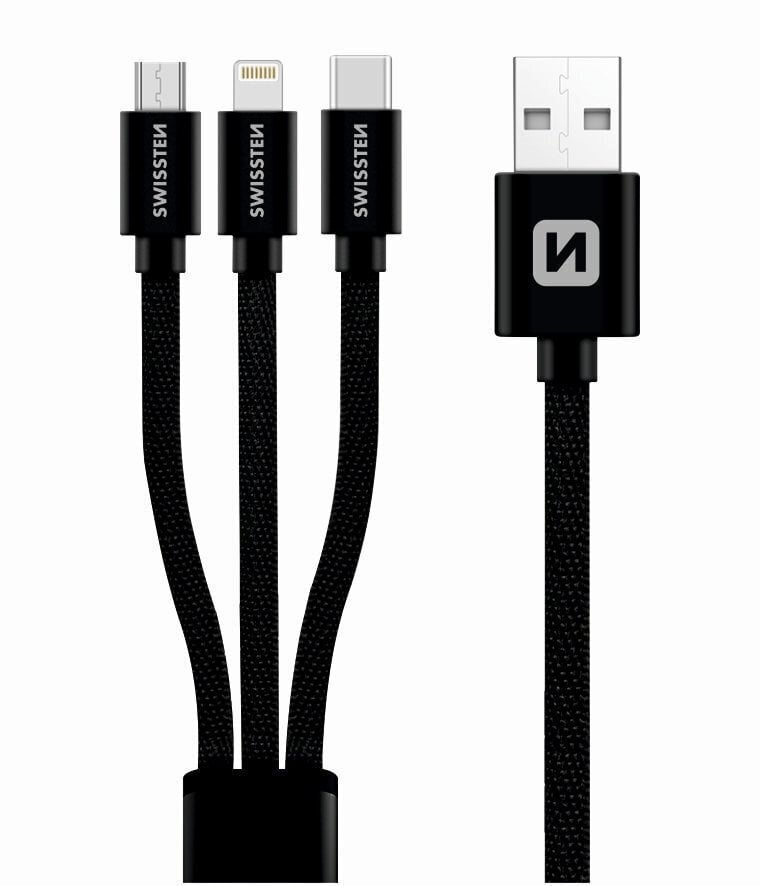 Swissten Textile Universal 3in1 USB-C / Lightning Data MFI / MircoUSB Cable 1.2m Black цена и информация | Juhtmed ja kaablid | hansapost.ee