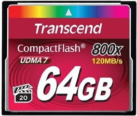 MEMORY COMPACT FLASH 64GB/800X TS64GCF800 TRANSCEND цена и информация | Карты памяти для фотоаппаратов, камер | hansapost.ee