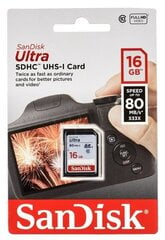 Mälukaart SANDISK 16GB Ultra SDHC 80MB/s Class 10 UHS-I hind ja info | Fotoaparaatide mälukaardid | hansapost.ee
