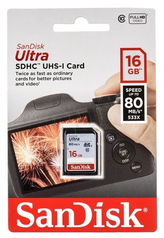 Mälukaart SANDISK 16GB Ultra SDHC 80MB/s Class 10 UHS-I цена и информация | Fotoaparaatide mälukaardid | hansapost.ee