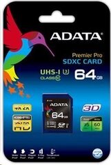 ADATA ASDX64GUI3V30S-R, 64ГБ цена и информация | Карты памяти для фотоаппаратов, камер | hansapost.ee