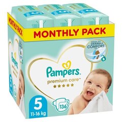 Подгузники PAMPERS Premium Monthly Pack 5 размер, 11-16 кг, 136 шт. цена и информация | Подгузники | hansapost.ee
