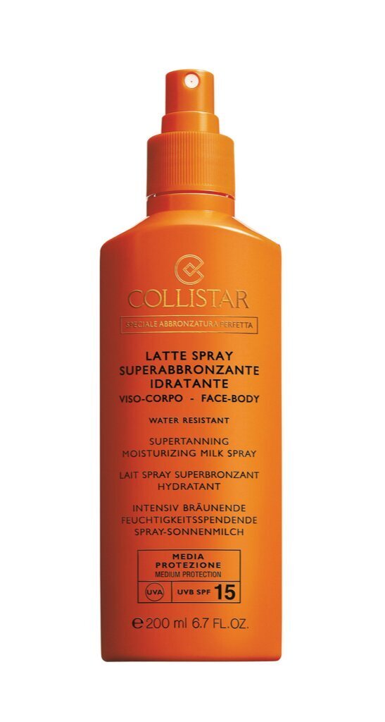 Collistar Supertanning Moisturizing Milk Spray SPF 15 naistele 200 ml цена и информация | Päikesekaitse ja päevitusjärgsed kreemid | hansapost.ee