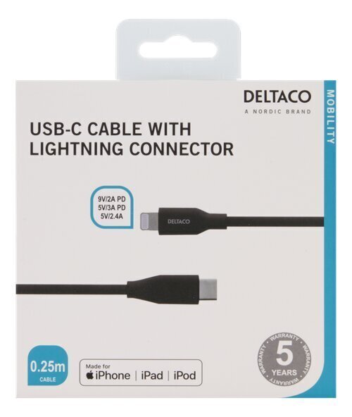 Deltaco IPLH-301M, USB C, Lightning, 0.25m цена и информация | Mobiiltelefonide kaablid | hansapost.ee