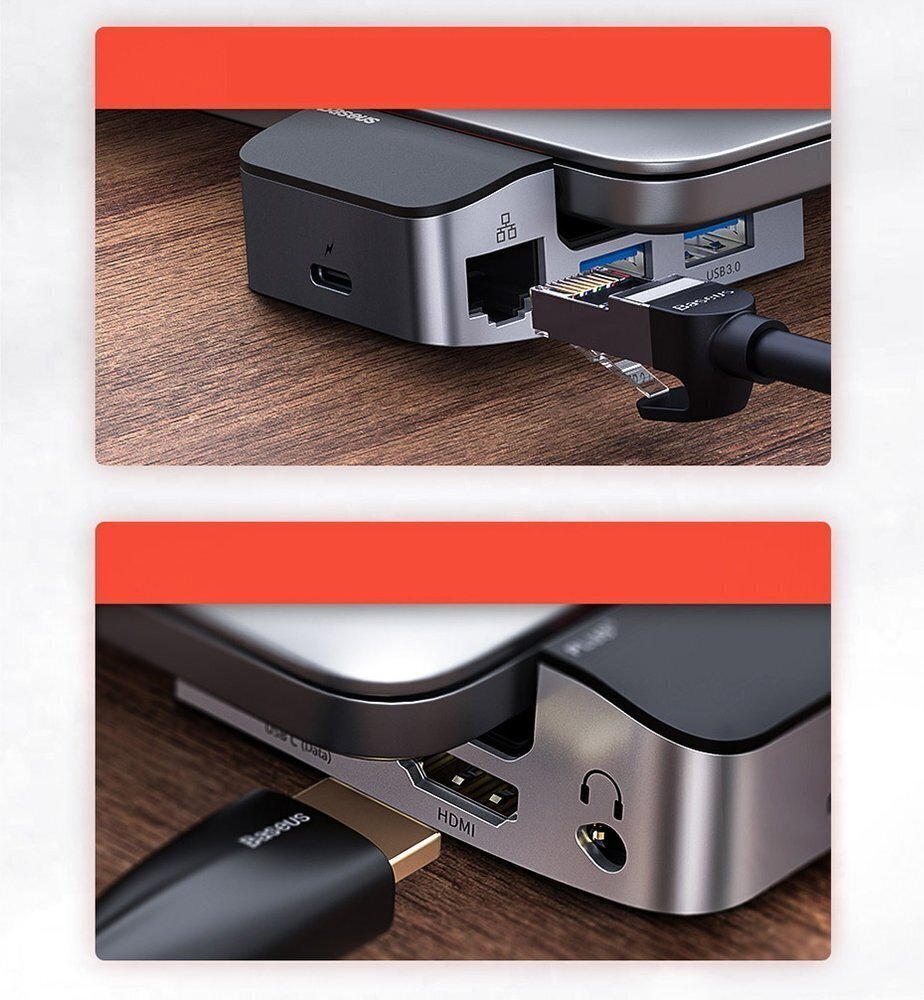 Adapter Baseus laptop stand multifunctional HUB USB Typ C - USB 3.0 / RJ45 / 3,5 mm mini jack / HDMI / USB Typ C / Thunderbolt 3, sobib MacBook Pro, hall (CAHUB-AJ0G) цена и информация | USB adapterid ja jagajad | hansapost.ee