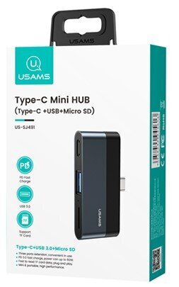 USAMS SJ491 USB-C jaotur 1xUSB, 1xUSB-C, Micro SD, must цена и информация | USB adapterid ja jagajad | hansapost.ee