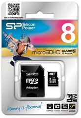 Накопитель Silicon Power microSDHC 8GB Class10 + SD адаптер цена и информация | Карты памяти для телефонов | hansapost.ee