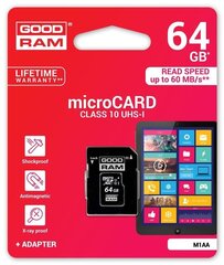 Карта памяти Goodram Micro SDXC 64GB Class 10 + адаптер цена и информация | Карты памяти | hansapost.ee