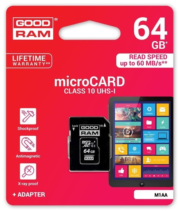 Mälukaart Goodram micro SDXC 64GB Class 10 +adapter hind ja info | Mälukaardid mobiiltelefonidele | hansapost.ee