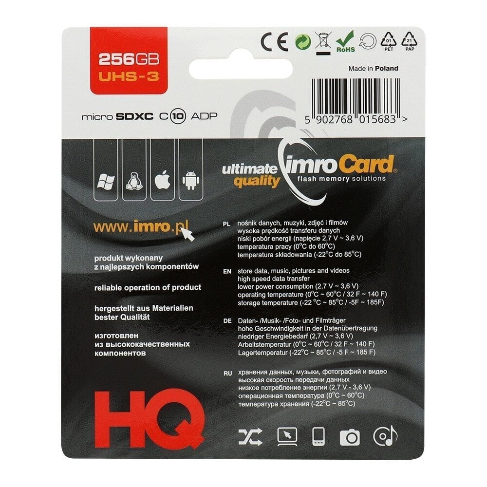 Mälukaart Imro microSD 256GB with adapter / Class 10 UHS 3 цена и информация | Mälukaardid mobiiltelefonidele | hansapost.ee
