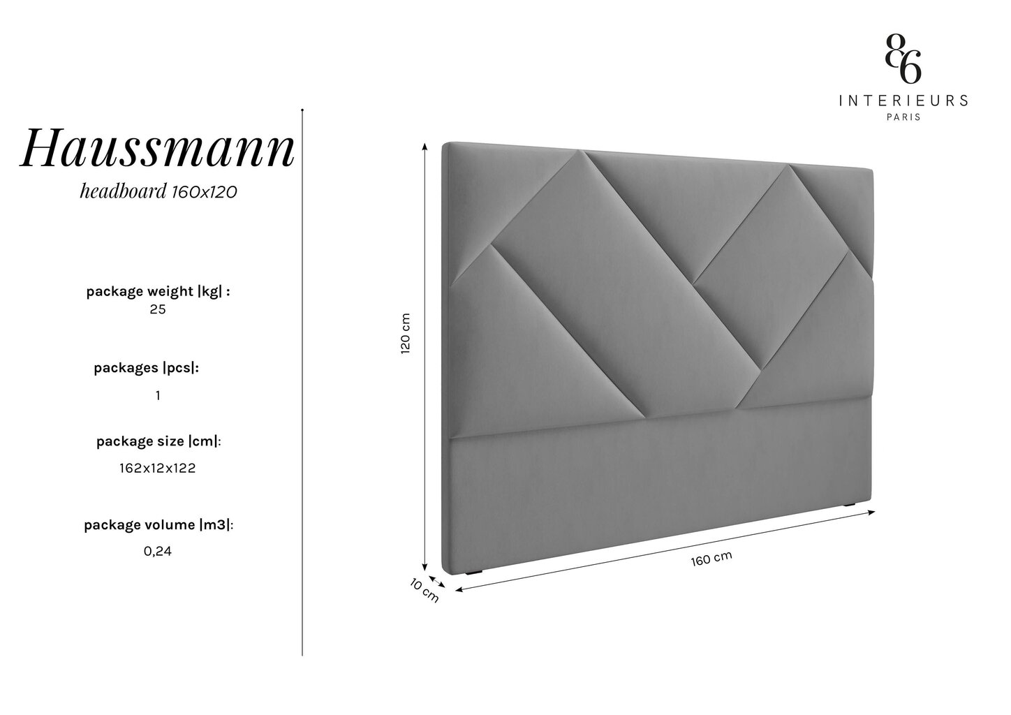 Voodipeats Interieurs86 Haussmann 160 cm, helesinine цена и информация | Voodid | hansapost.ee